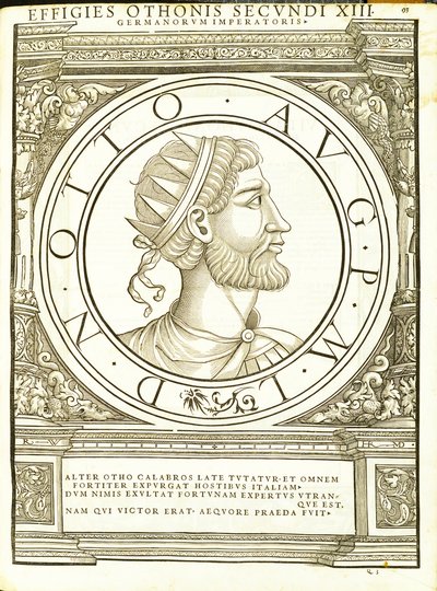 Otho II, ilustración de Imperatorum romanorum omnium orientalium et occidentalium verissimae imagines ex antiquis numismatis, xilografía de Rudolph Wyssenbach, impresa por Andreas Gesner, Zúrich, 155 de Hans Rudolf Manuel Deutsch